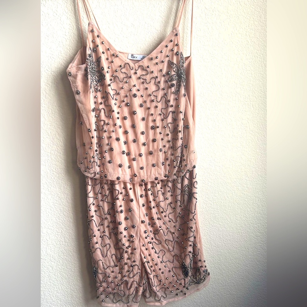 Embroidered beige / blush tule romper with lining